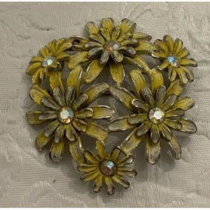KRAMER of NY Flower Brooch Pin Aurora Borealis Enamel Daisies spray Gold Tone